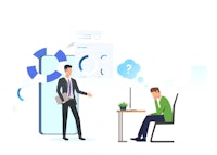 a man is talking to a man at a desk