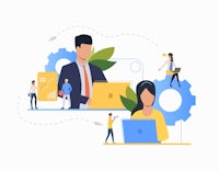 a flat illustration of a group of people working on a laptop
